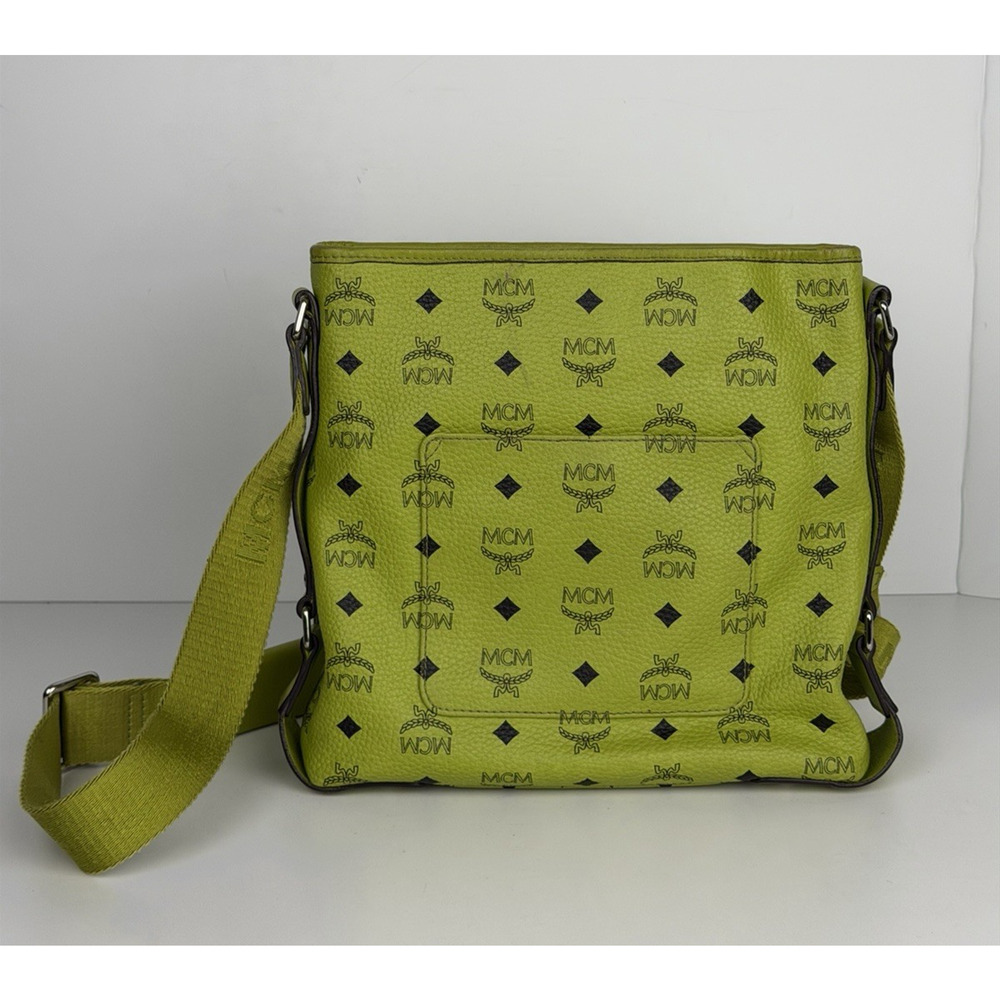 MCM Messenger Crossbody Bag in Neon Green Visetos Monogram Leather S-15 - Picture 2 of 16
